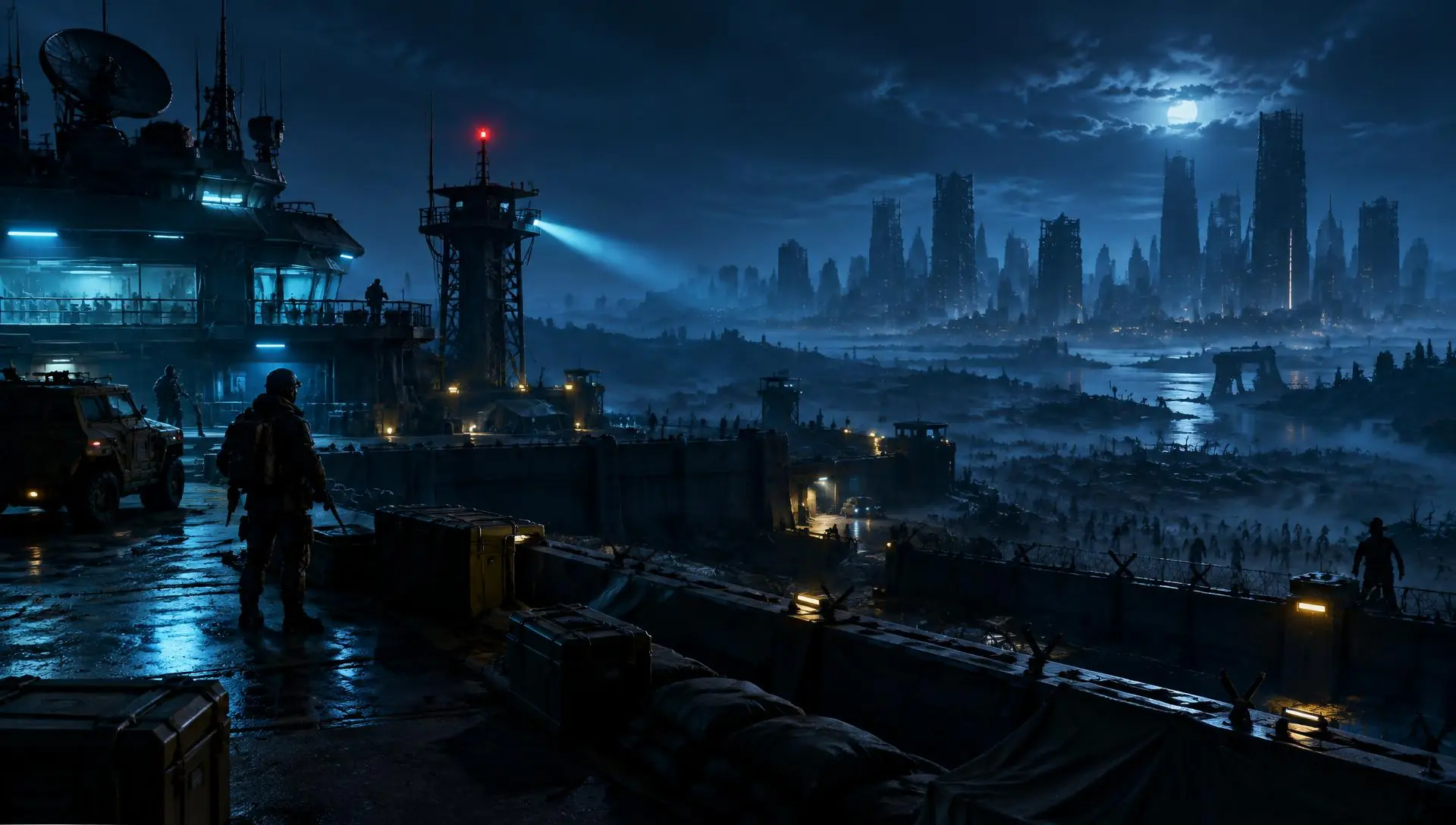 Fortified survivor command outpost overlooking the infected zone
